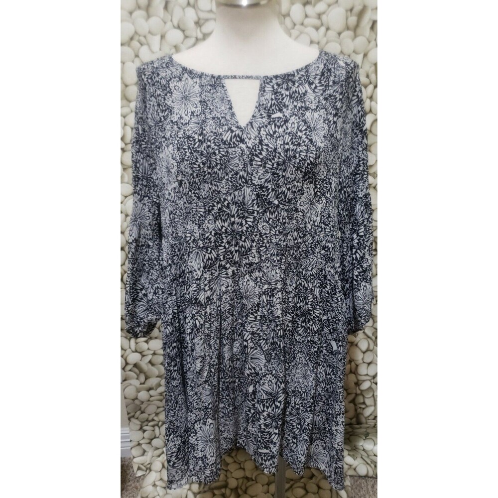 Roamans Top Womens Plus Size 22 Floral Black White Keyhole Neck Tunic Blouse